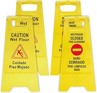 清洁双语地板标志 - 双面,高能见度黄色通知,带英文和西班牙语留言